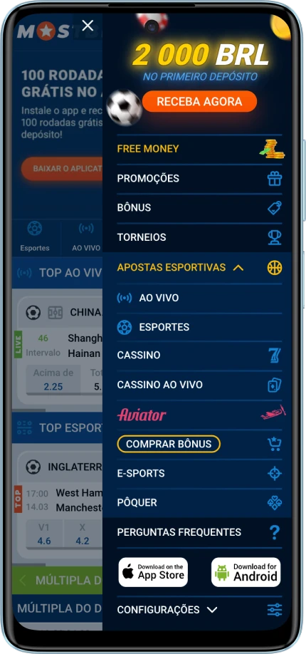 Página do menu da Mostbet